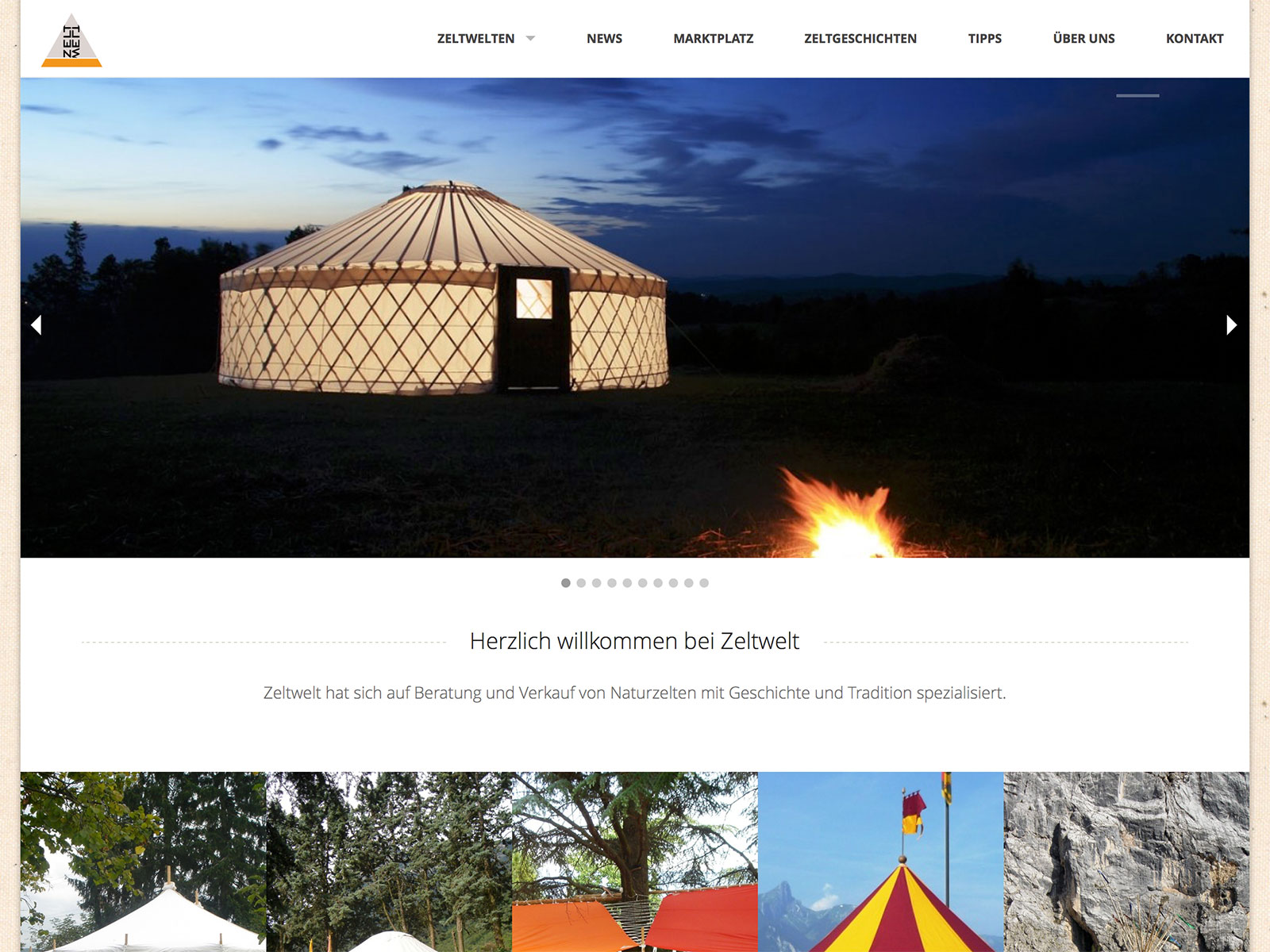 Screenshot der zeltwelt.ch Homepage auf einem Desktop Computer
