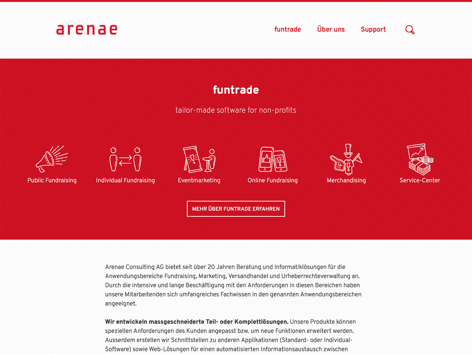 Screenshot der arenae.ch Homepage auf einem Desktop Computer