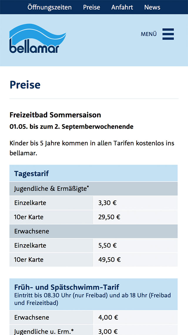 Screenshot einer Inhaltsseite auf bellamar-schwetzingen.de auf einem mobilen Endgerät