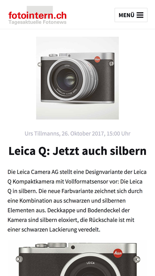 Screenshot eines Artikels auf fotointern.ch auf einem mobilen Endgerät