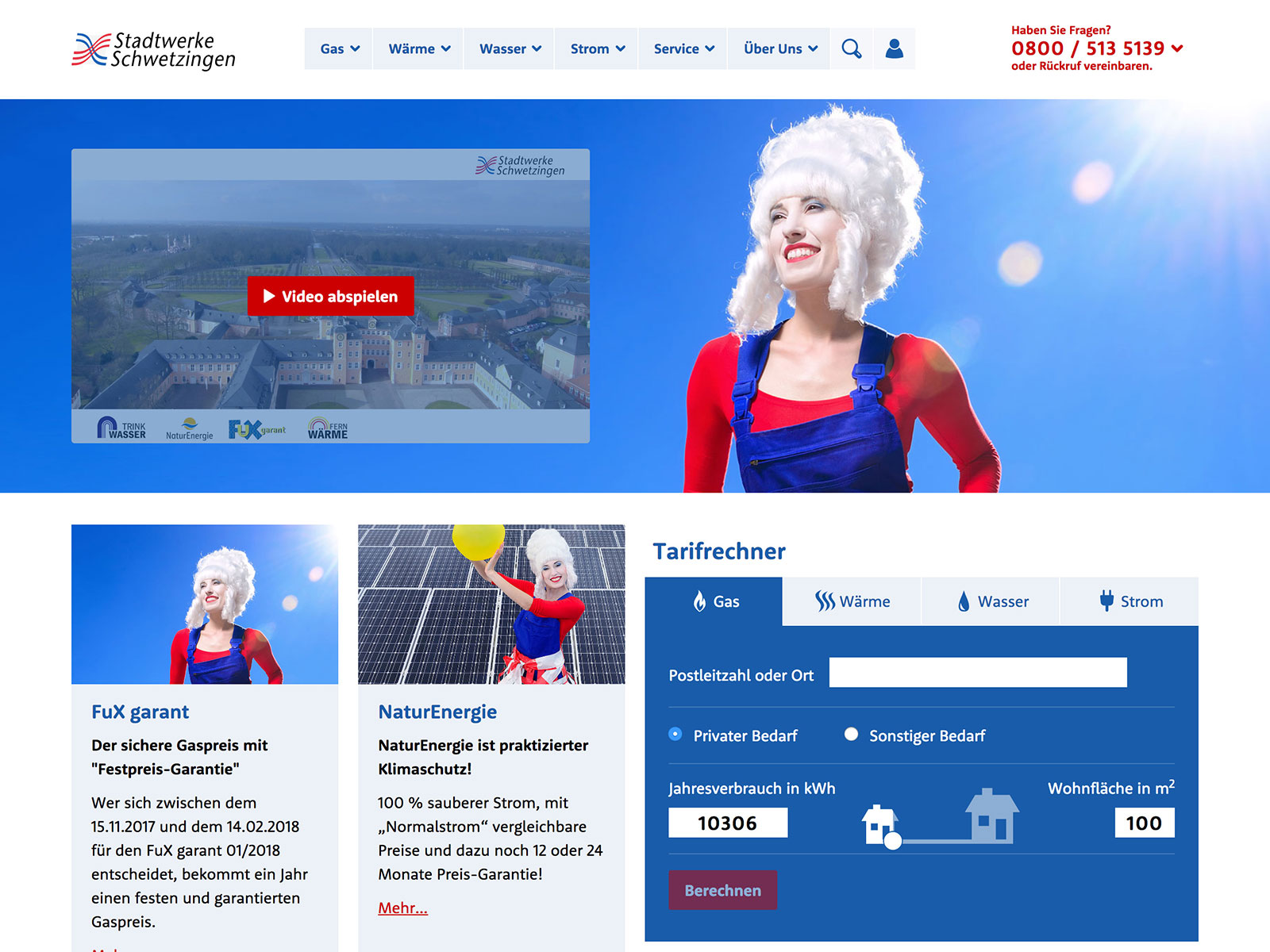 Screenshot der stadtwerke-schwetzingen.de Homepage auf einem Desktop Computer