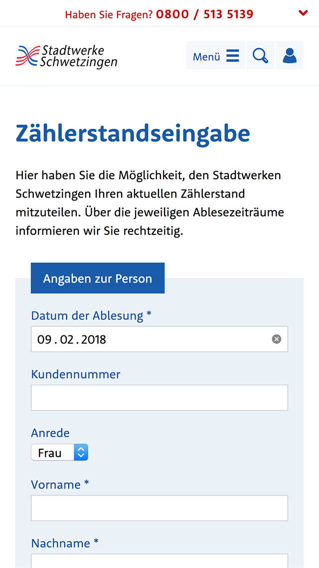 Screenshot einer Inhaltsseite auf stadtwerke-schwetzingen.de auf einem mobilen Endgerät