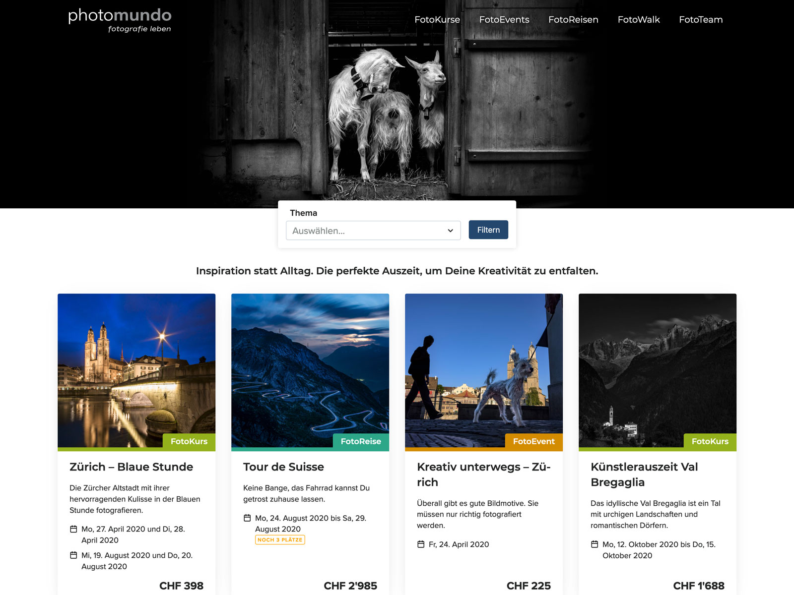 Screenshot der photomundo.ch Homepage auf einem Desktop Computer